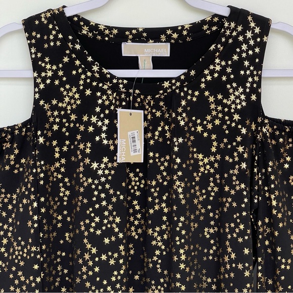 Michael Kors Cold Shoulders Blouse Gold Stars Print Long Sleeves Logo Ties - Picture 7 of 10